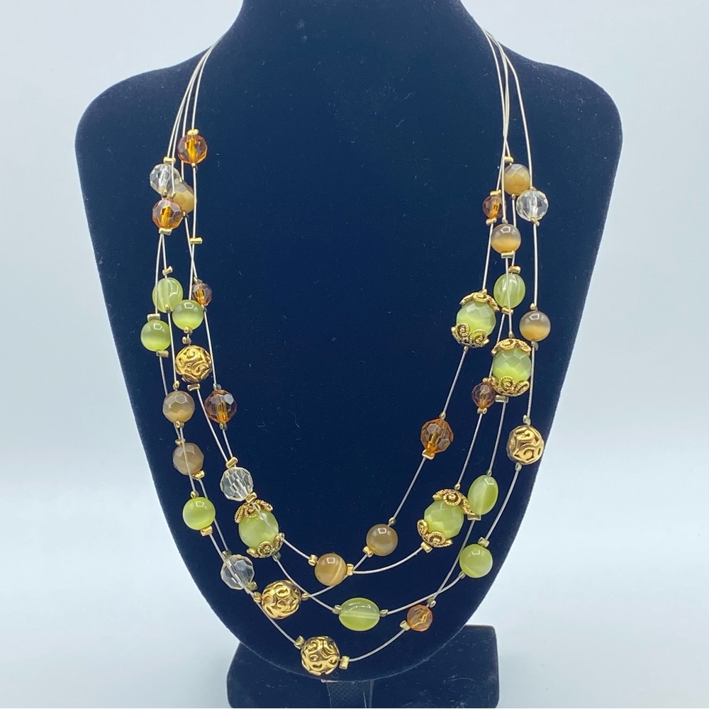 Lia Sophia Multi-Strand Wire Beaded Necklace Gold Tone Filigree Faux Amber Green